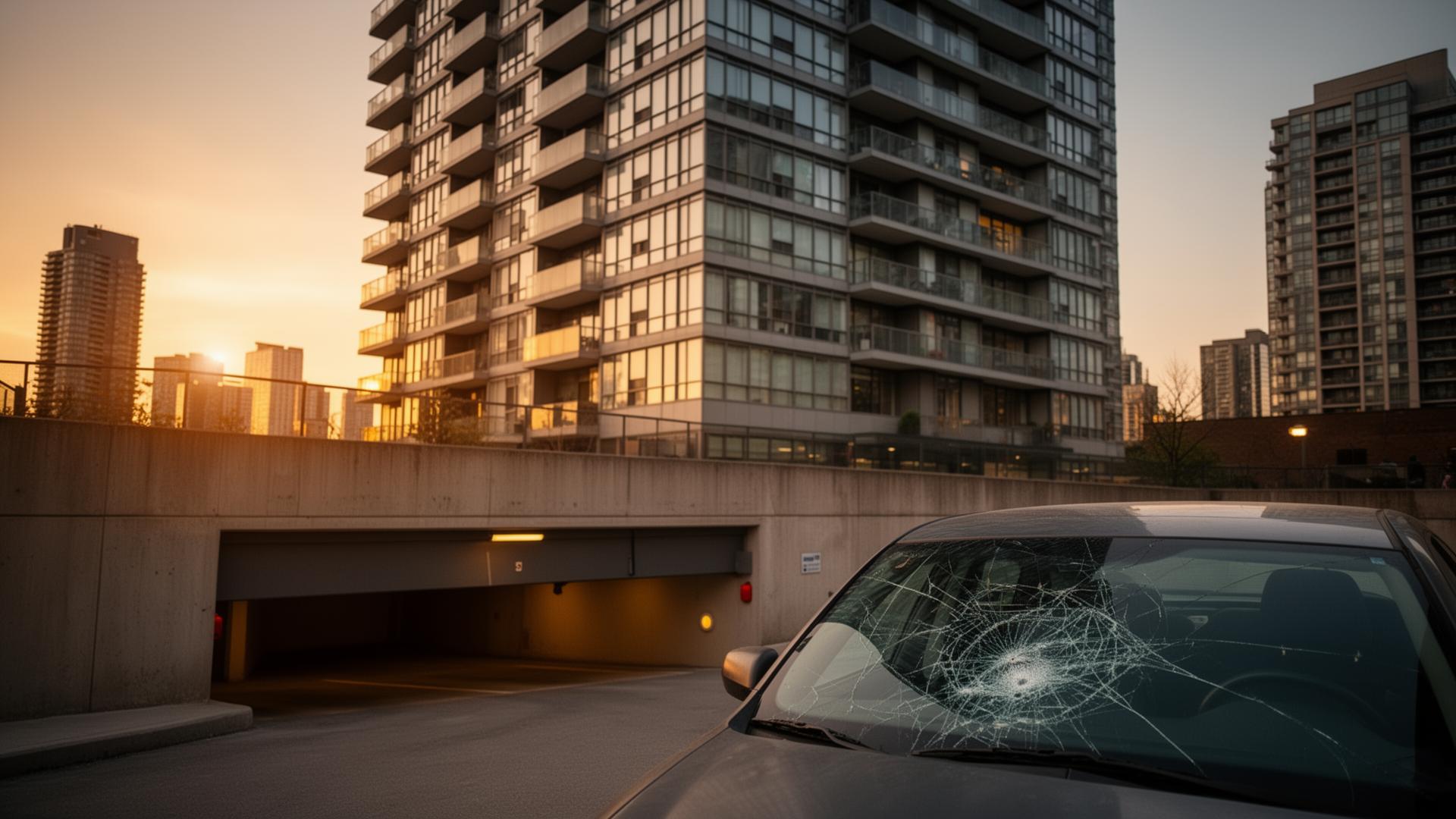 Modern downtown Toronto condo with underground parking entrance at dusk